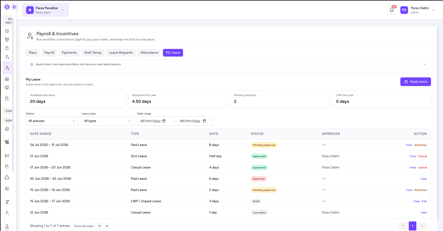 Stellivo my leave overview