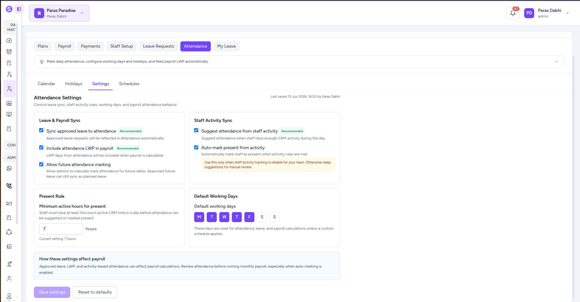 Stellivo attendance settings payroll sync