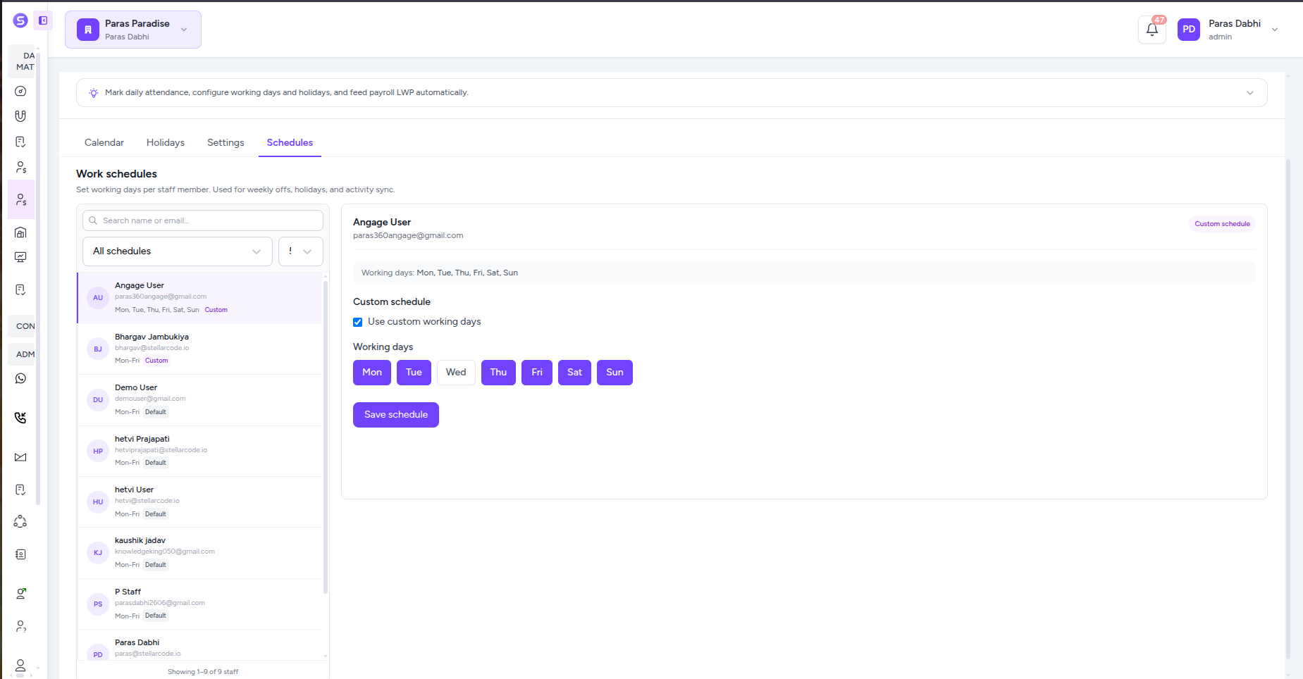 Stellivo custom staff schedule
